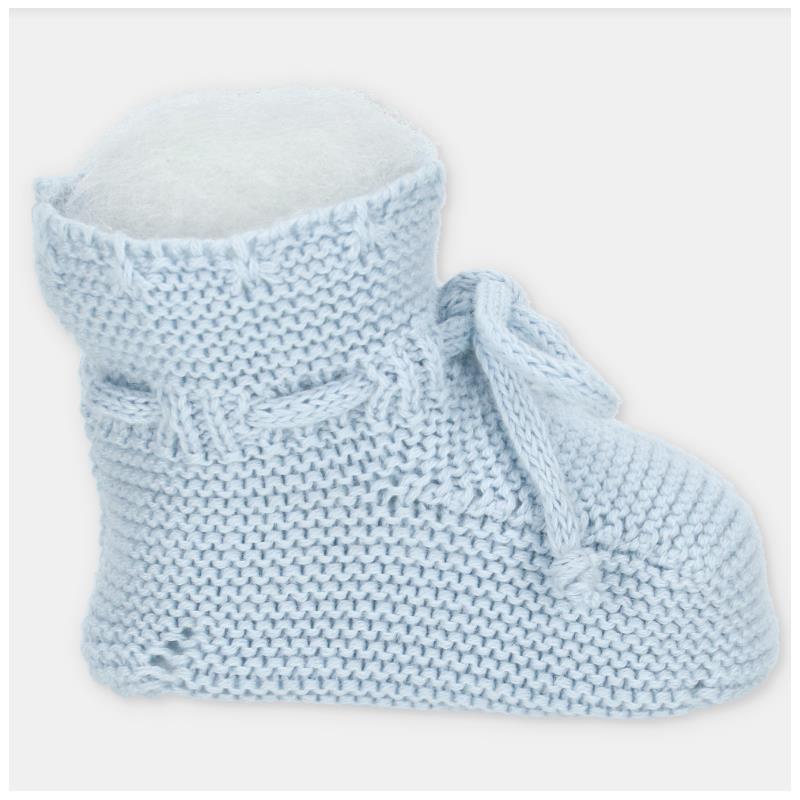 Beige knitted booties with a soft lining and decorative tie, ideal for infants or toddlers.