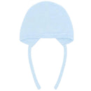 Draylon knit bonnet in Preston blue-grey, featuring ear flaps and ties for secure fitting.