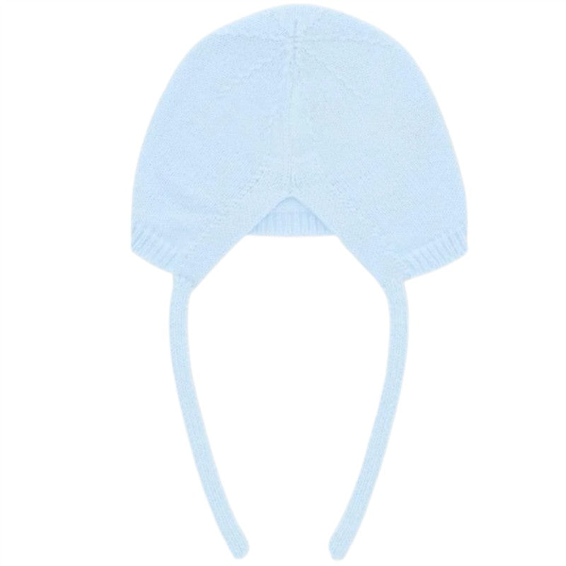 Pastel blue Draylon knit bonnet with tie straps, designed for infants. Soft texture and snug fit for warmth.