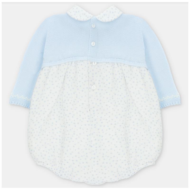 Pastel blue short romper with a knitted top and a woven polka dot bottom, featuring a collar and button closure.