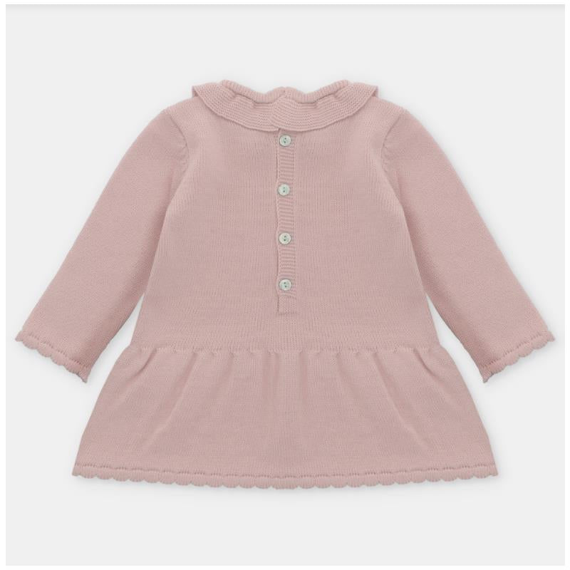 Draylon knitted dress in dusty rose with long sleeves, a ruffled collar, and a buttoned front.