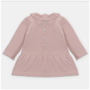 Draylon knitted dress in dusty rose with long sleeves, a ruffled collar, and a buttoned front.
