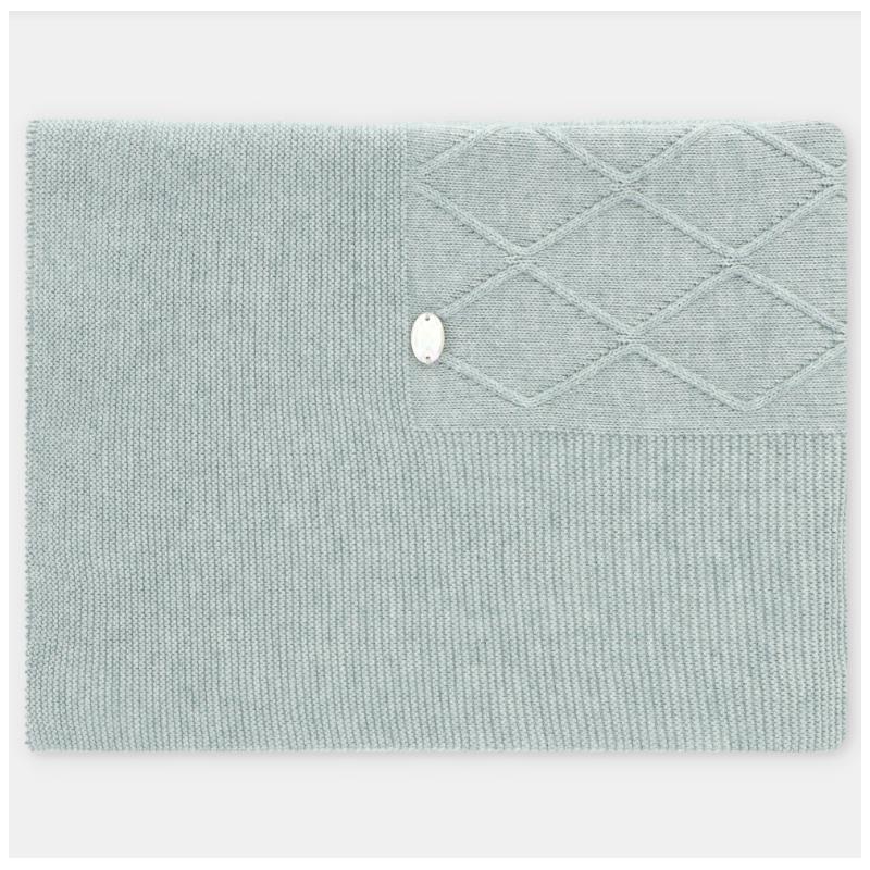 Dusty rose Draylon sweaterknit blanket with a textured diamond pattern and a decorative button detail.