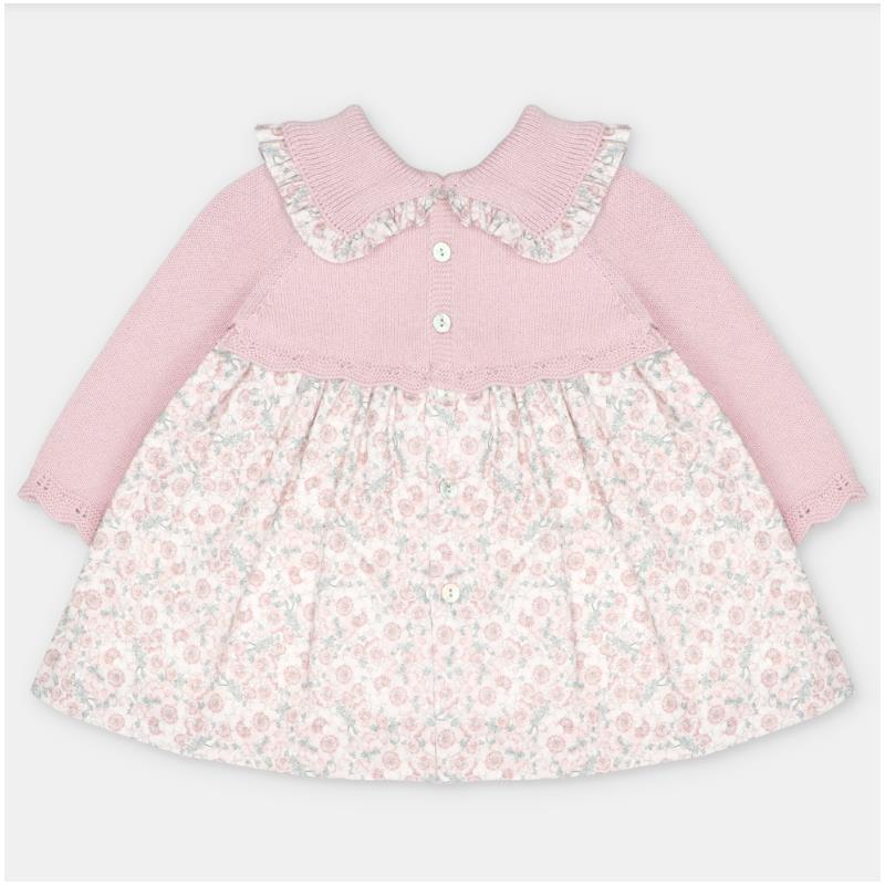 Martin Aranda dress featuring a sweater knit bodice in dusty rose with a floral fabric skirt and ruffled collar.