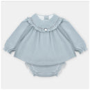 Dress and matching bloomer set in blue-grey, featuring a ruffled collar and button detail.