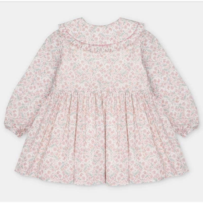 Light pink dress with an all-over floral print, long sleeves, and a ruffled collar.