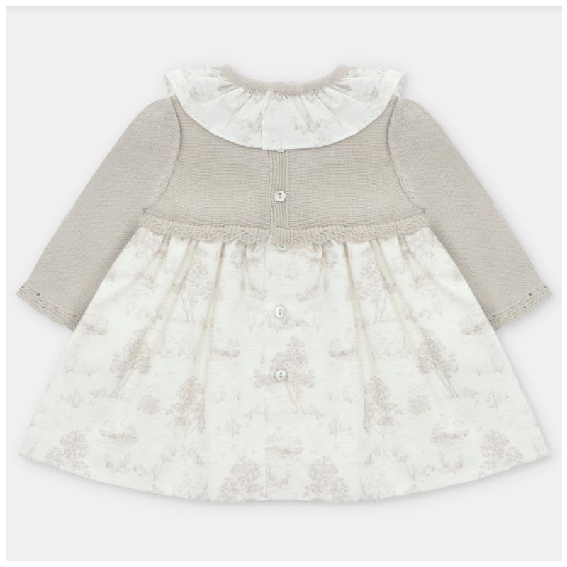 Knit/woven mix dress in Newport and Stone colors, featuring a ruffled collar and button closures on the back.