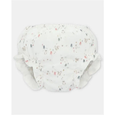 Separate bloomer with a white background featuring a playful pattern of animals and trees, designed for infants.