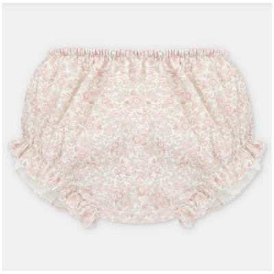 White and rose floral separate bloomer with ruffled edges, designed for children.