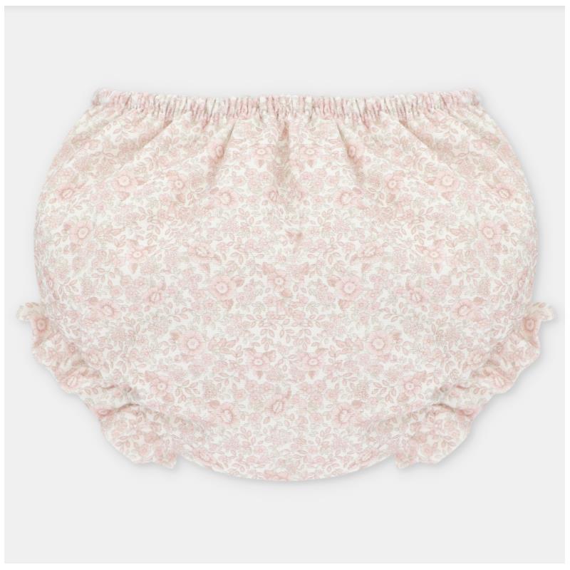 White and rose floral-patterned separate bloomer with ruffled edges, designed for children.