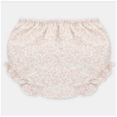 White and rose floral-patterned separate bloomer with ruffled edges, designed for children.