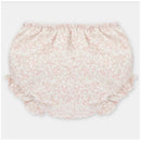 White and rose floral-patterned separate bloomer with ruffled edges, designed for children.