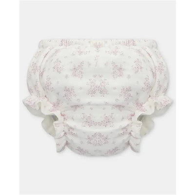 Separate bloomer in plum and purple featuring a floral print and ruffled trim, designed for infants.