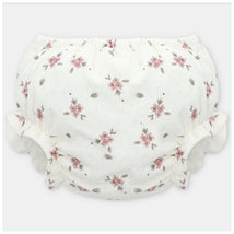 White bloomer featuring a floral print in pink and grey, with gathered elastic edges and a soft, comfortable design.