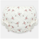 White bloomer featuring a floral print in pink and grey, with gathered elastic edges and a soft, comfortable design.