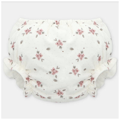 White bloomer featuring a floral print in pink and grey, with gathered elastic edges and a soft, comfortable design.
