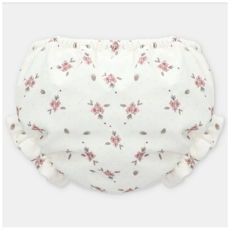 White bloomers with floral print, featuring pink flowers and ruffle trim on the leg openings.