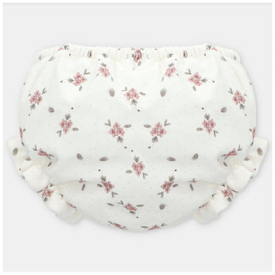 White bloomers with floral print, featuring pink flowers and ruffle trim on the leg openings.