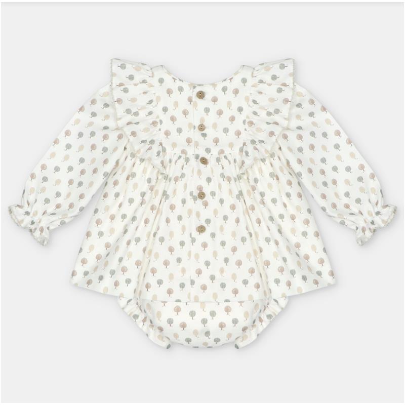 Woven beige baby dress and bloomer set featuring a tree pattern, ruffled collar, and button details.