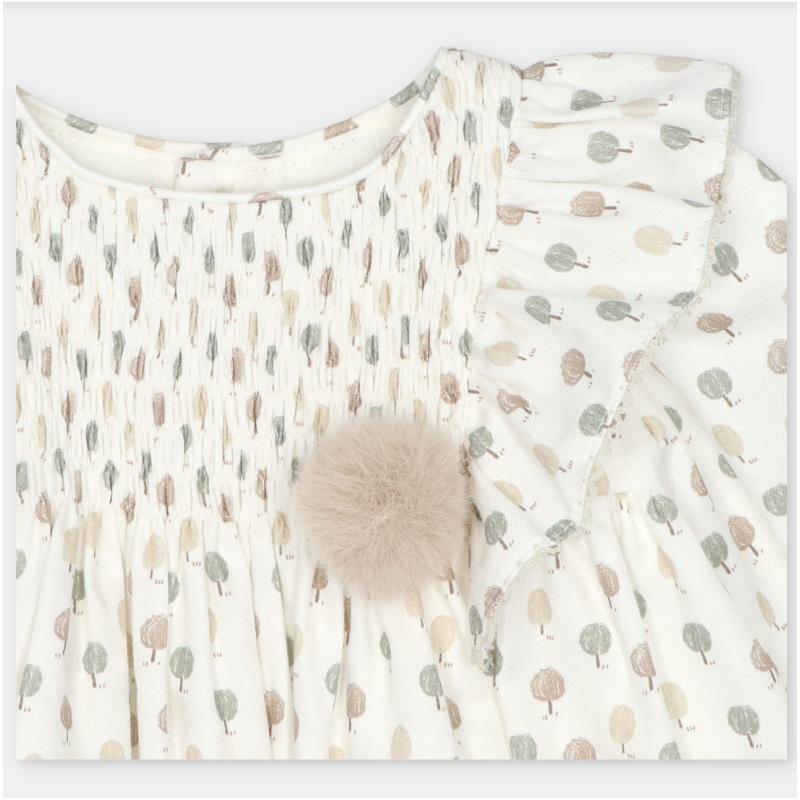 Woven beige set dress with a frill, featuring tree motifs and a decorative pom-pom on the chest.