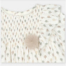 Woven beige set dress with a frill, featuring tree motifs and a decorative pom-pom on the chest.