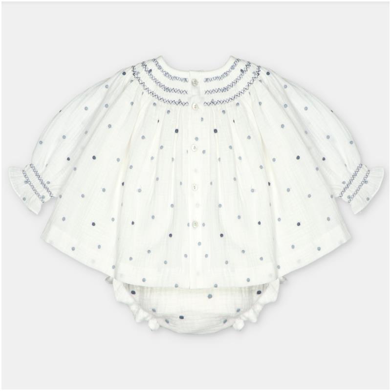 Woven fabric set dress and bloomer in white with polka dots, featuring smocked neckline and button closures.