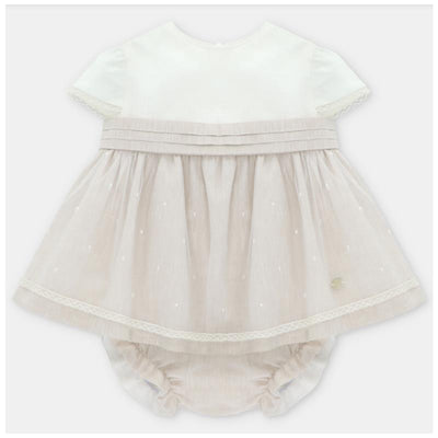 Beige linen dress with short sleeves, tiered skirt, and bloomers, featuring delicate lace and textured details.
