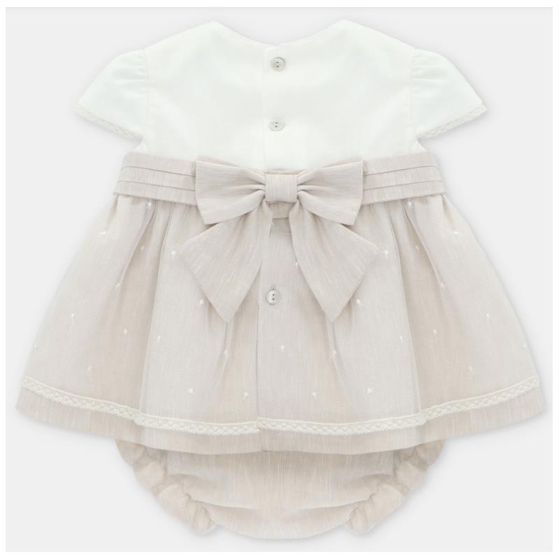 Linen beige dress with a white top, bow belt, and matching bloomer, featuring decorative buttons and lace trim.