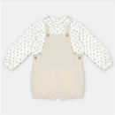 Martin Aranda beige overall and shirt set featuring a patterned long-sleeve top and button details on the overalls.