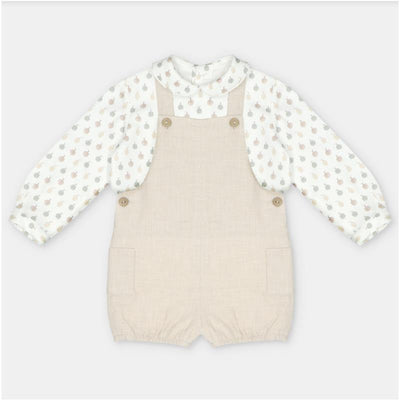 Martin Aranda beige overall and shirt set featuring a patterned long-sleeve top and button details on the overalls.