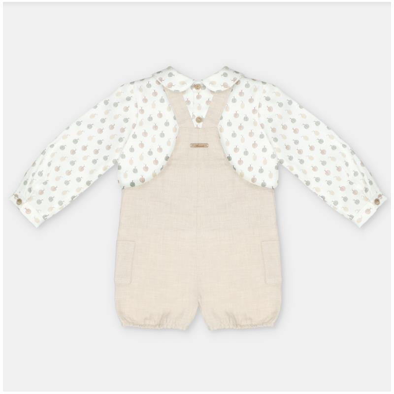 Martin Aranda shirt and overall set in woven fabric, featuring a patterned long-sleeve shirt and beige overall shorts.