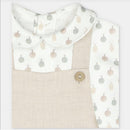Set shirt and overall in woven fabric featuring a beige hue with a patterned collar and a button detail.