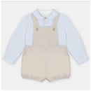 Martin Aranda set features a blue and white striped shirt with a beige overall, showcasing button details and elasticated shorts.