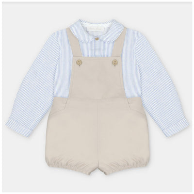 Martin Aranda set features a blue and white striped shirt with a beige overall, showcasing button details and elasticated shorts.
