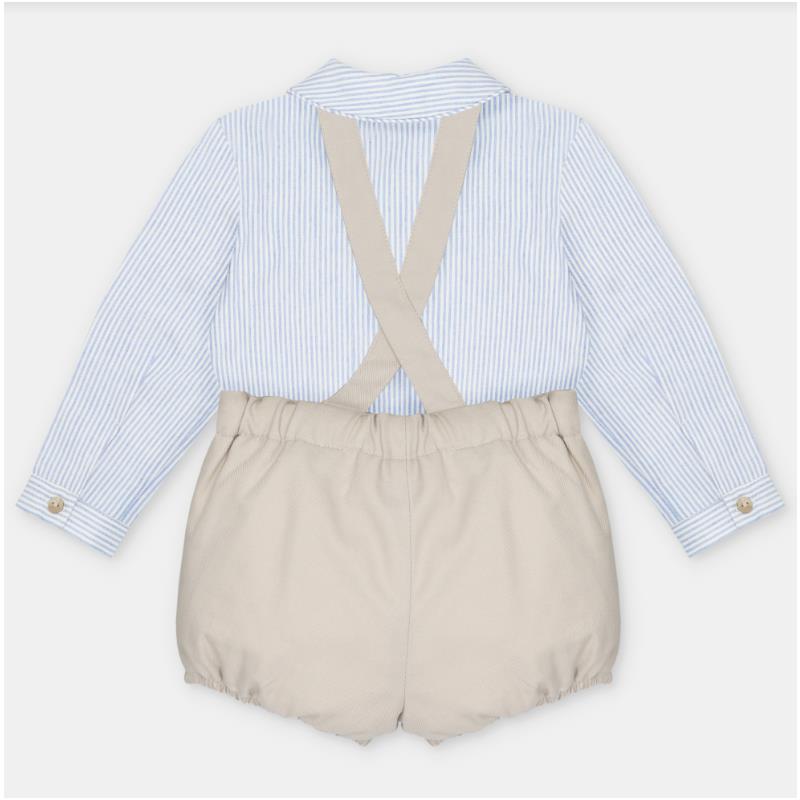 Woven fabric set featuring a blue and white striped shirt with a collared neckline and beige overall shorts with suspenders.