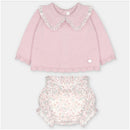 Sweater and bloomer set in dusty rose, featuring a scalloped collar and floral-patterned bloomers.