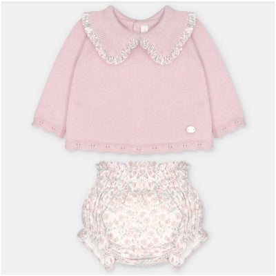 Sweater and bloomer set in dusty rose, featuring a scalloped collar and floral-patterned bloomers.