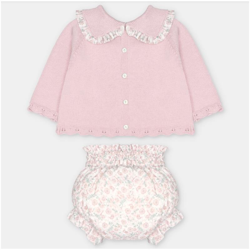 Sweater and bloomer set in dusty rose, featuring a button-up sweater with a scalloped collar and floral-patterned bloomers.
