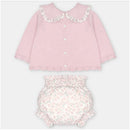 Sweater and bloomer set in dusty rose, featuring a button-up sweater with a scalloped collar and floral-patterned bloomers.