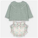 Sweater and bloomer set in green knit with floral-patterned fabric, featuring a scalloped neckline and decorative bow.