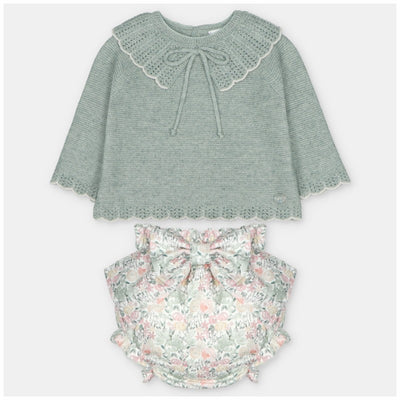 Sweater and bloomer set in green knit with floral-patterned fabric, featuring a scalloped neckline and decorative bow.