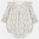 Short romper in Pravia Green with a floral pattern, puff sleeves, and lace detailing, designed for young children.