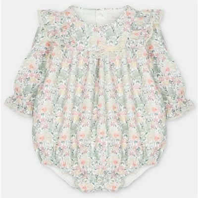 Short romper in Pravia Green with a floral pattern, puff sleeves, and lace detailing, designed for young children.