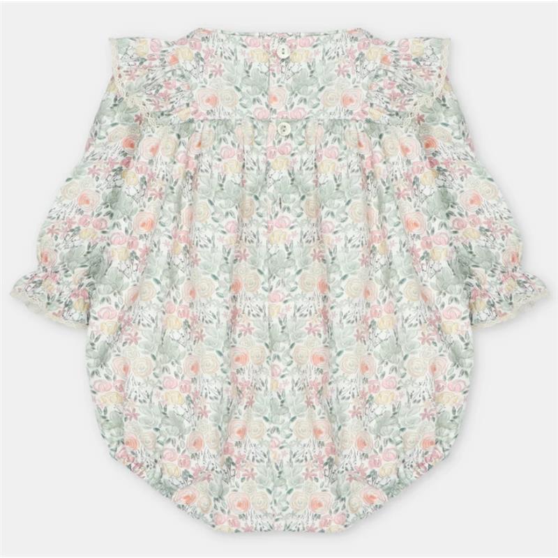 Short romper in Pravia Green with floral pattern, featuring puffed sleeves and button closure at the back.