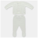 Knit sweater and leggings set in off-white, featuring textured patterns and footed pants. Suitable for infants.
