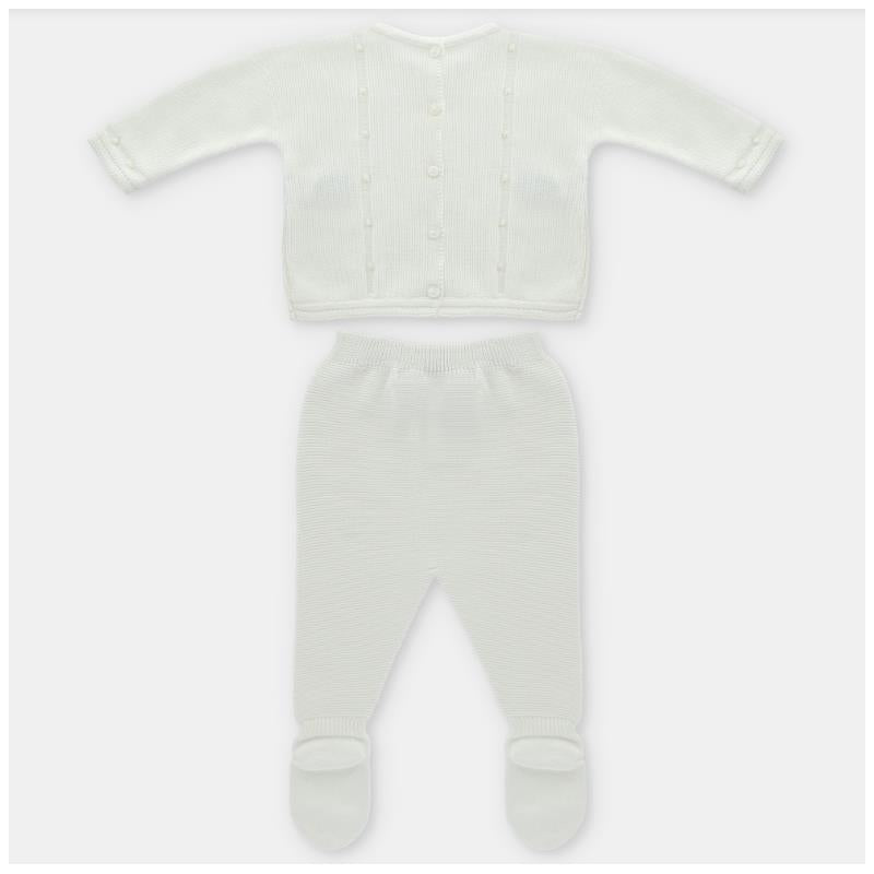 Knit set featuring a white cardigan with buttons and matching leggings with footed design.