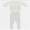 Knit set featuring a white cardigan with buttons and matching leggings with footed design.