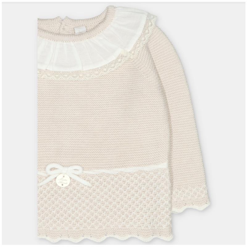 Light beige sweater knit top featuring a ruffled white collar and lace detailing at the hem, with a decorative bow and button.