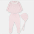 Set of Martin Aranda Top, leggings with feet, and bonnet in soft baby pink sweater knit cotton blend.