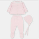 Sweater knit cotton set in baby pink, featuring a button-up top, leggings with feet, and a matching bonnet.
